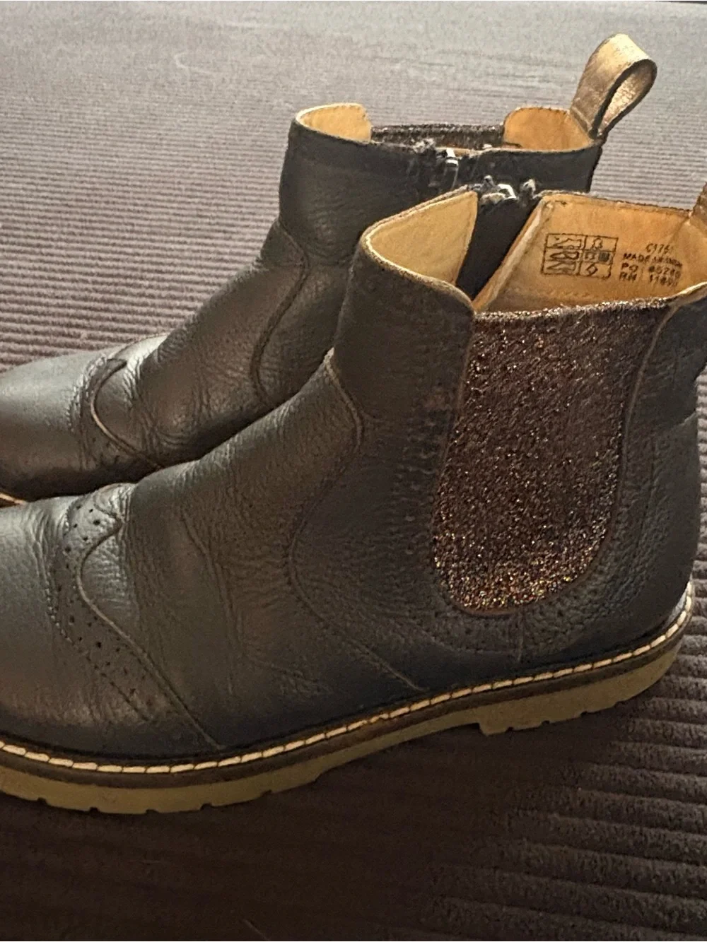 Mini Boden Black Leather Chelsea Boots with Glitter Panels